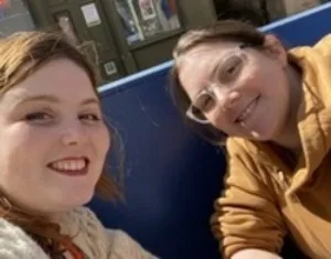 Freya and her videographer, Toni, on a break from filming