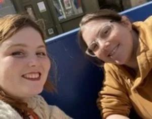 Freya and her videographer, Toni, on a break from filming