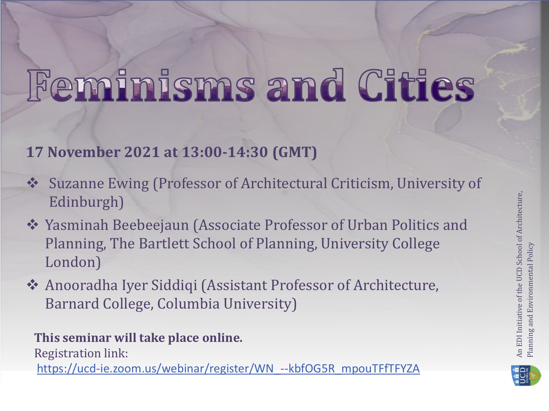 poster for UCD online event 17 November 2021, Feminisms and Cities